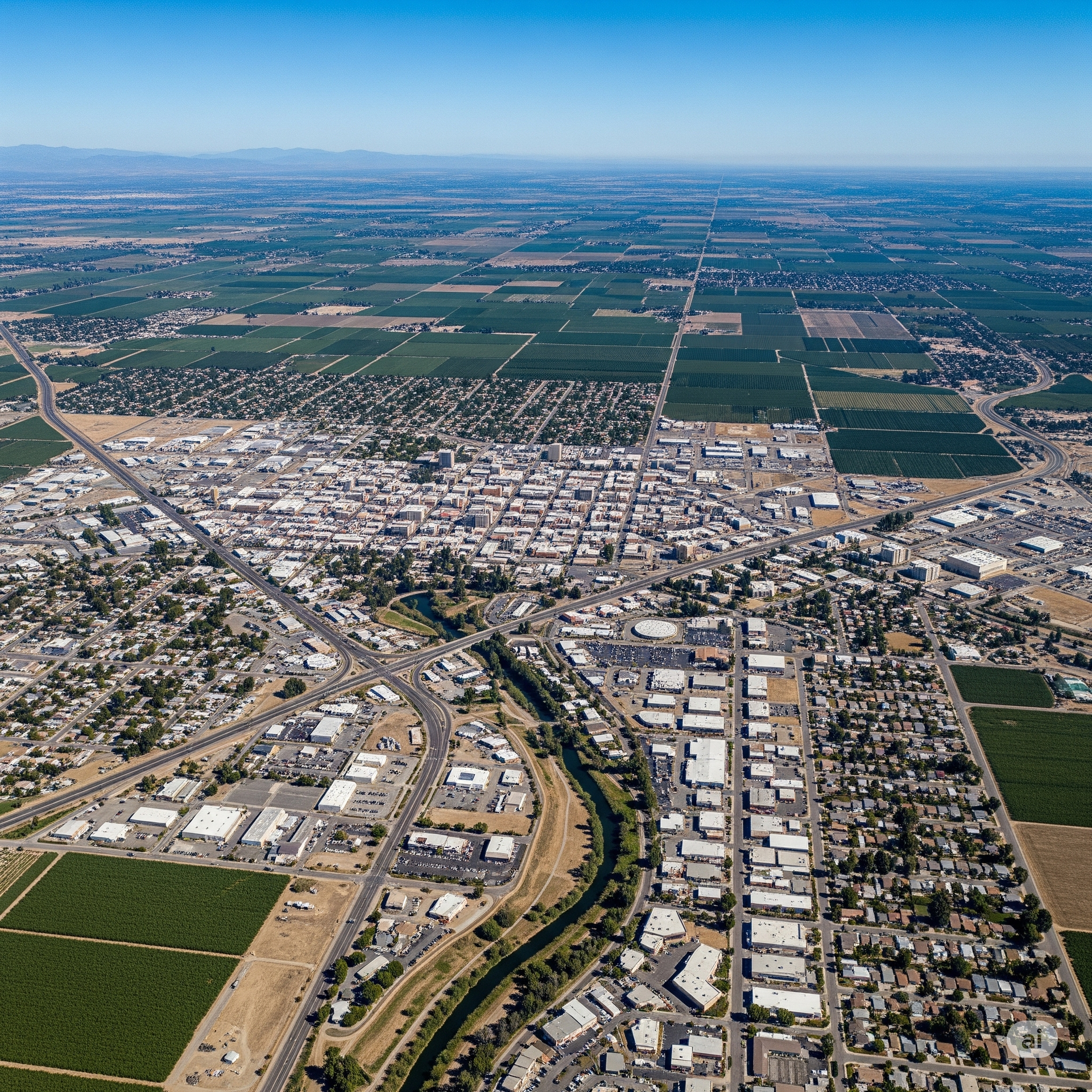 Aerial view of a city with a river, surrounded by fields. Sunny day, blue sky.