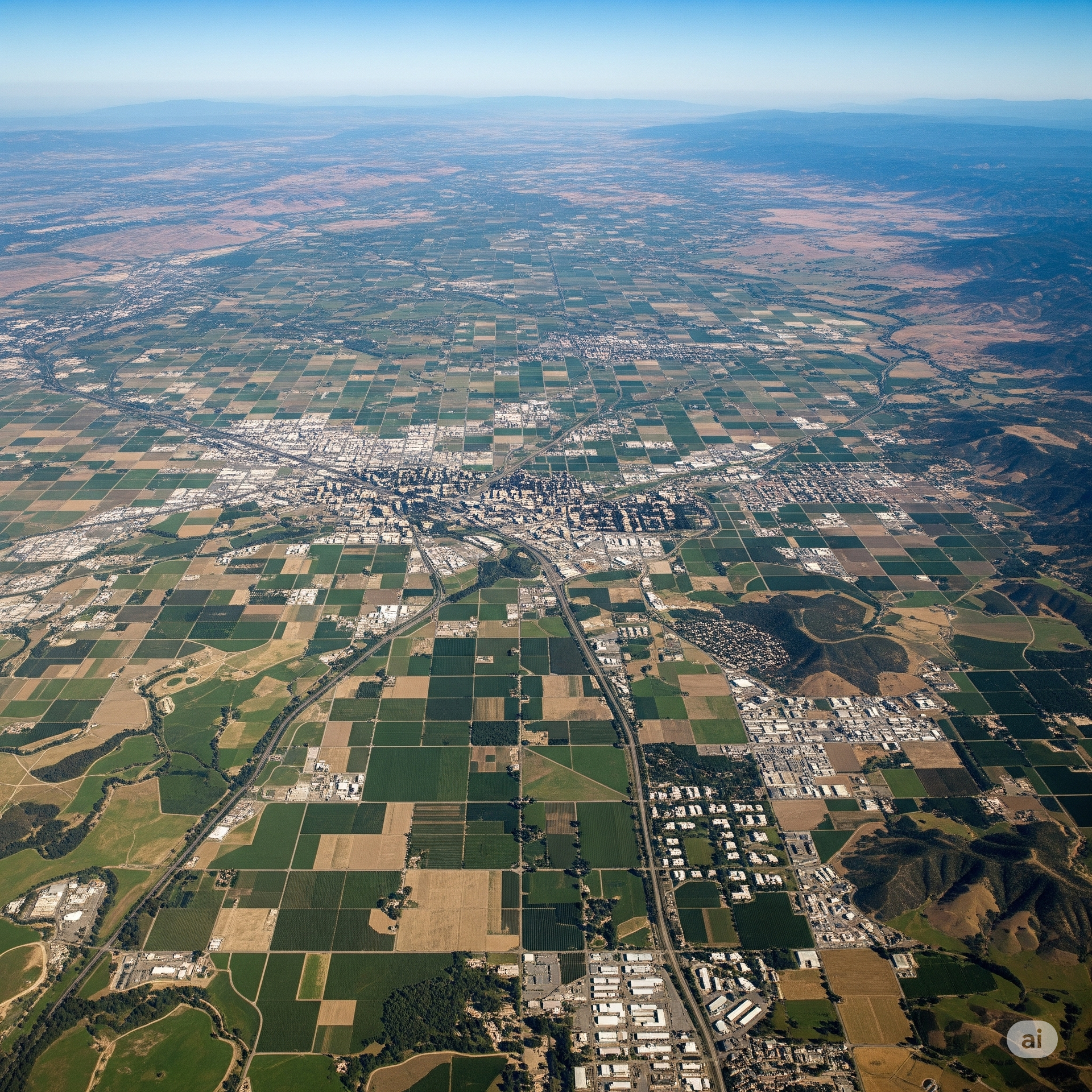 Aerial view of a city surrounded by agricultural fields, with blue sky and distant hills.