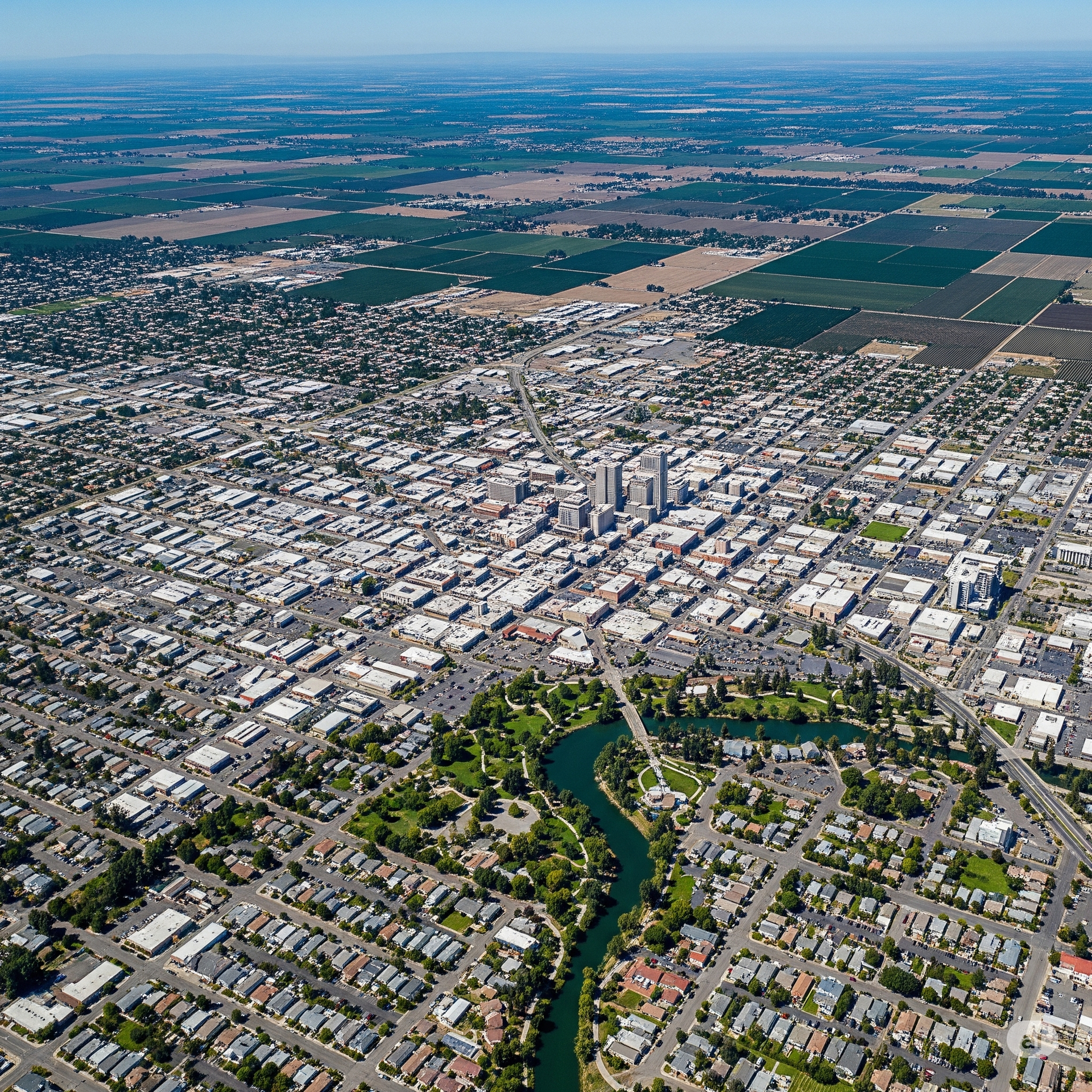 Aerial view of a city with buildings, green spaces, a river, and farmland in the distance under a clear blue sky.