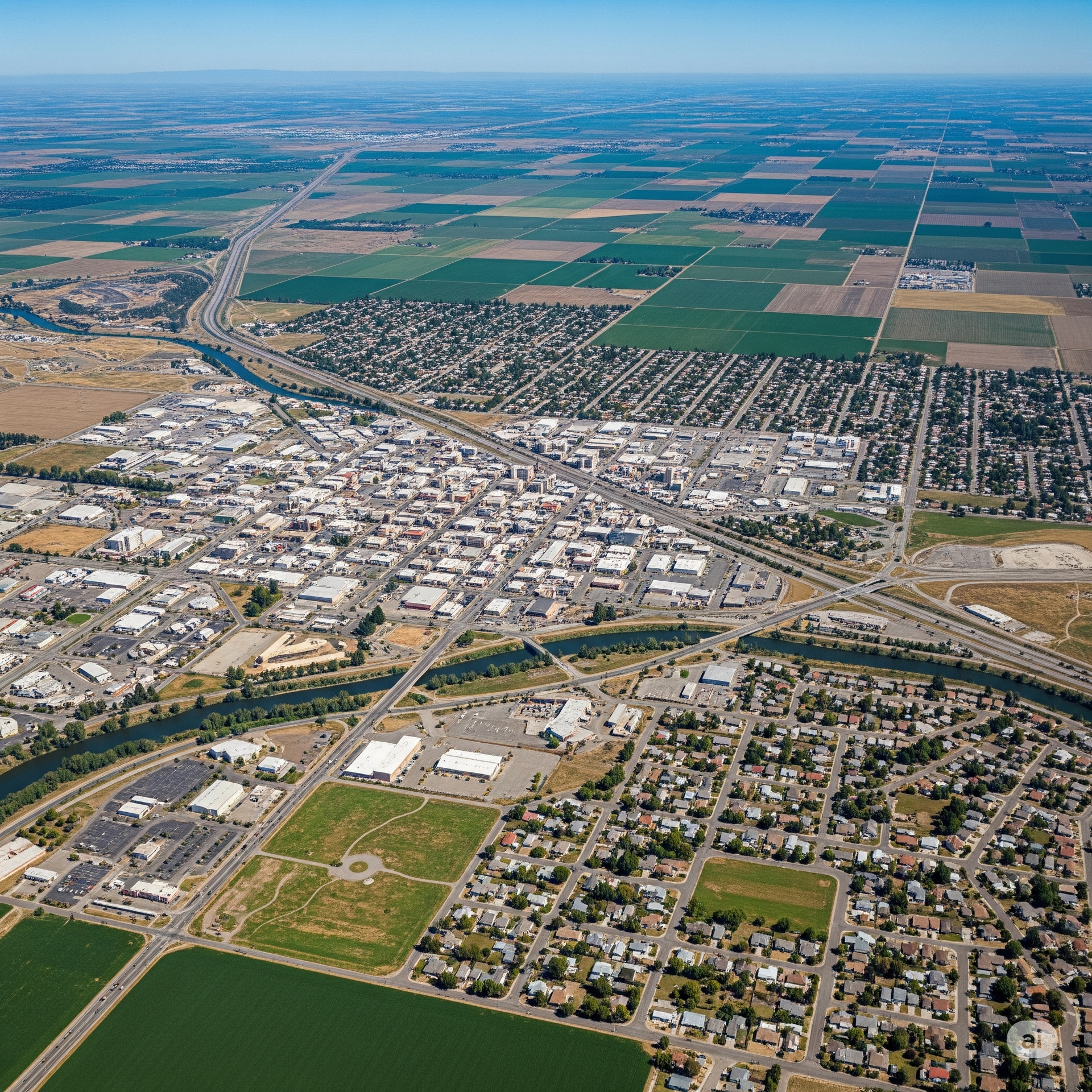 Aerial view of a city with buildings, roads, and fields. Blue sky and surrounding farmland.