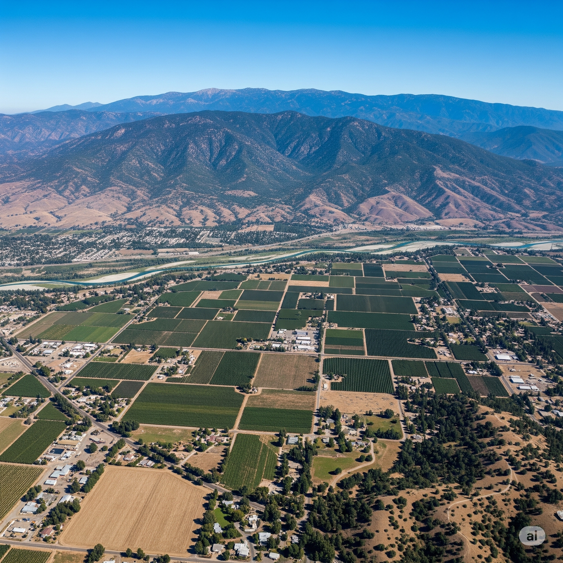 Aerial view of agricultural fields with a mountain range in the background under a blue sky.