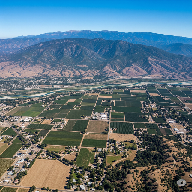 Aerial view of farmland with rectangular fields, a river, and mountains in the distance under a clear blue sky.