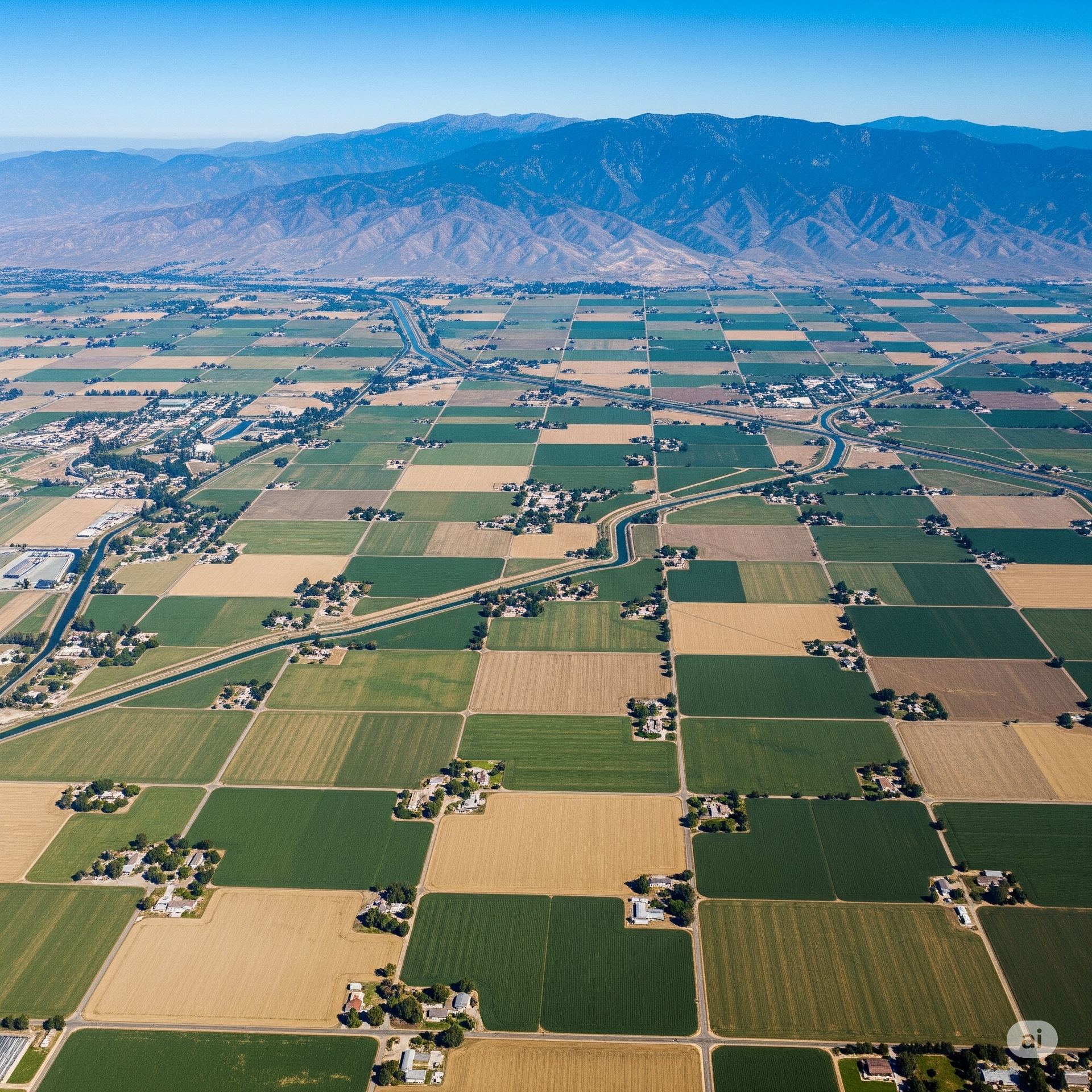 Aerial view of patchwork agricultural fields with mountains in the background under a clear blue sky.