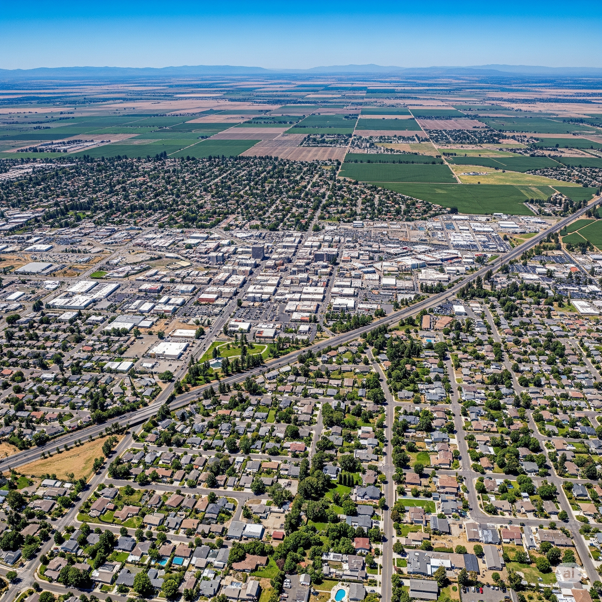 Aerial view of a town with buildings and roads surrounded by farmland. Blue sky overhead.