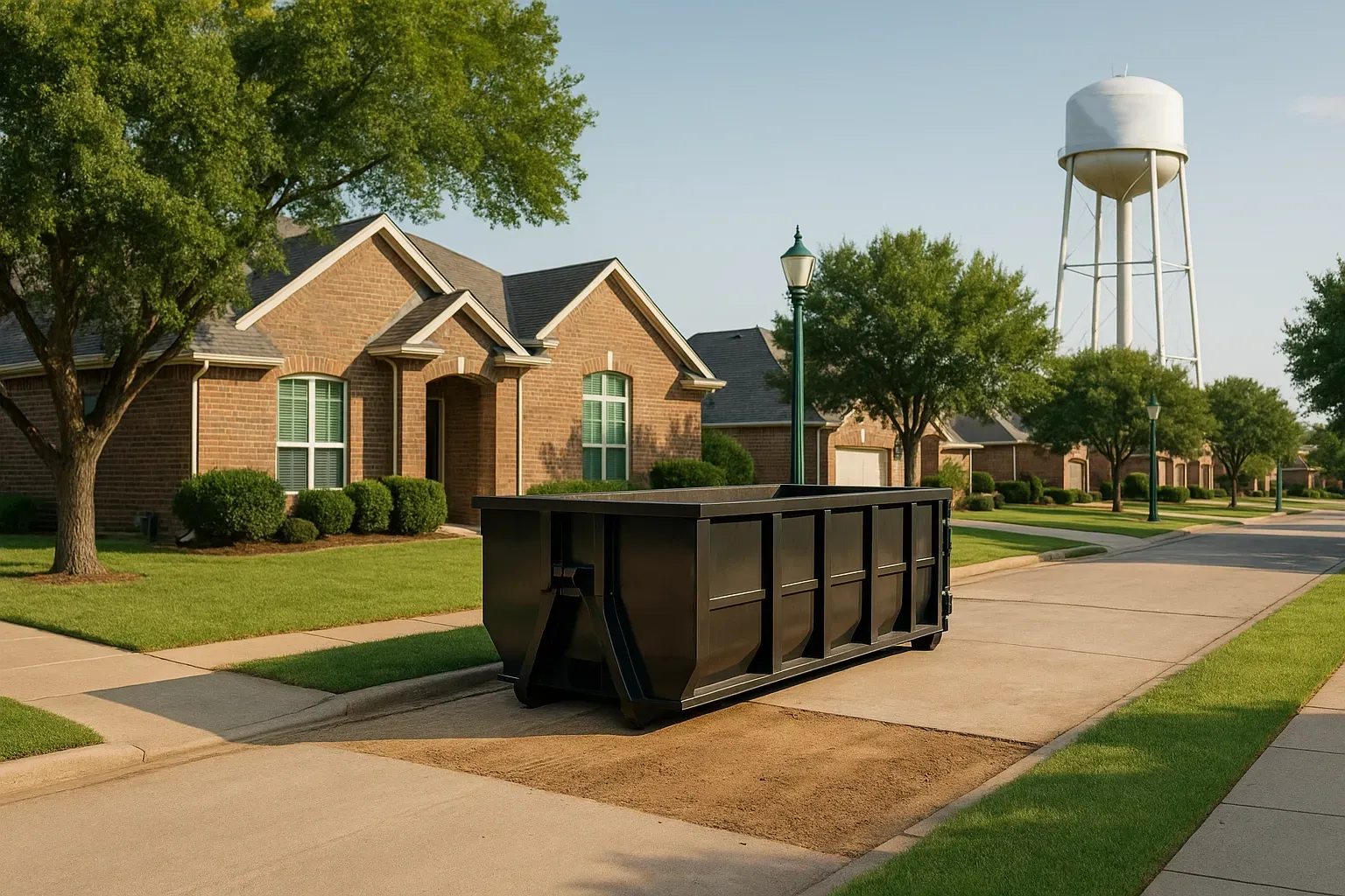 Black dumpster sits on a residential street next to a brick house, under a sunny sky with a water tower in the distance.