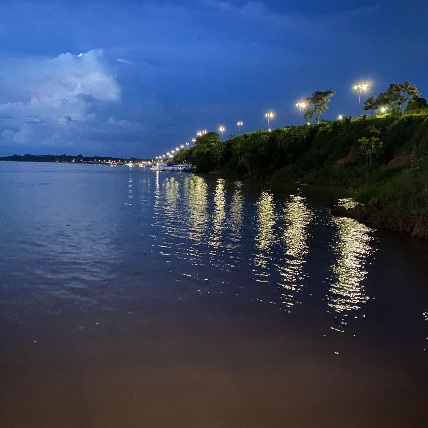 Night view of a river with lights reflecting on the water. A row of streetlights illuminates a shoreline.