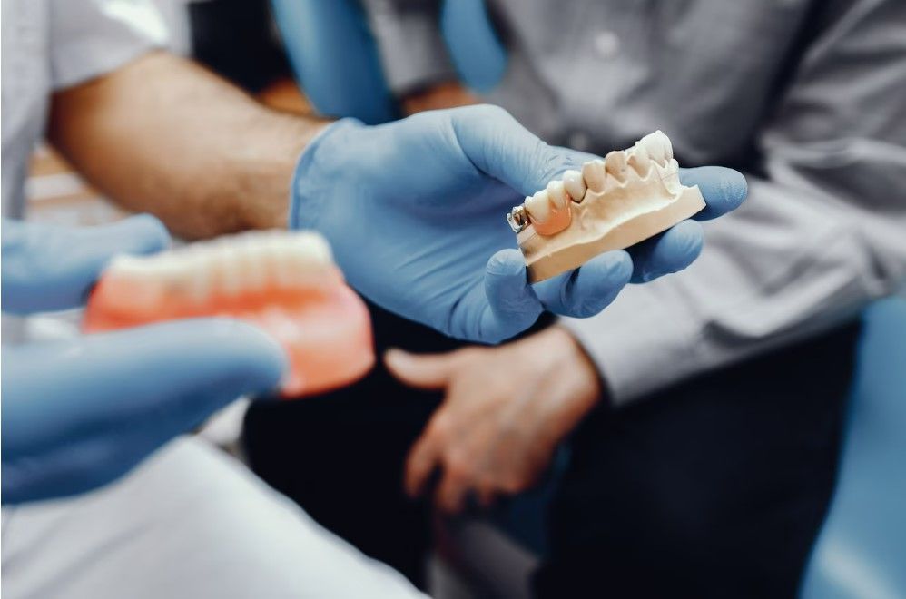 Dentist in blue gloves holds dental model, showing teeth, with another model in the background.