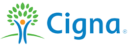 Cigna logo: Tree with a person in the middle, blue text.