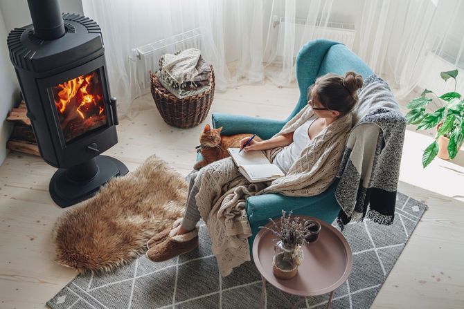 Person relaxing in a chair by a lit wood stove in a cozy living room