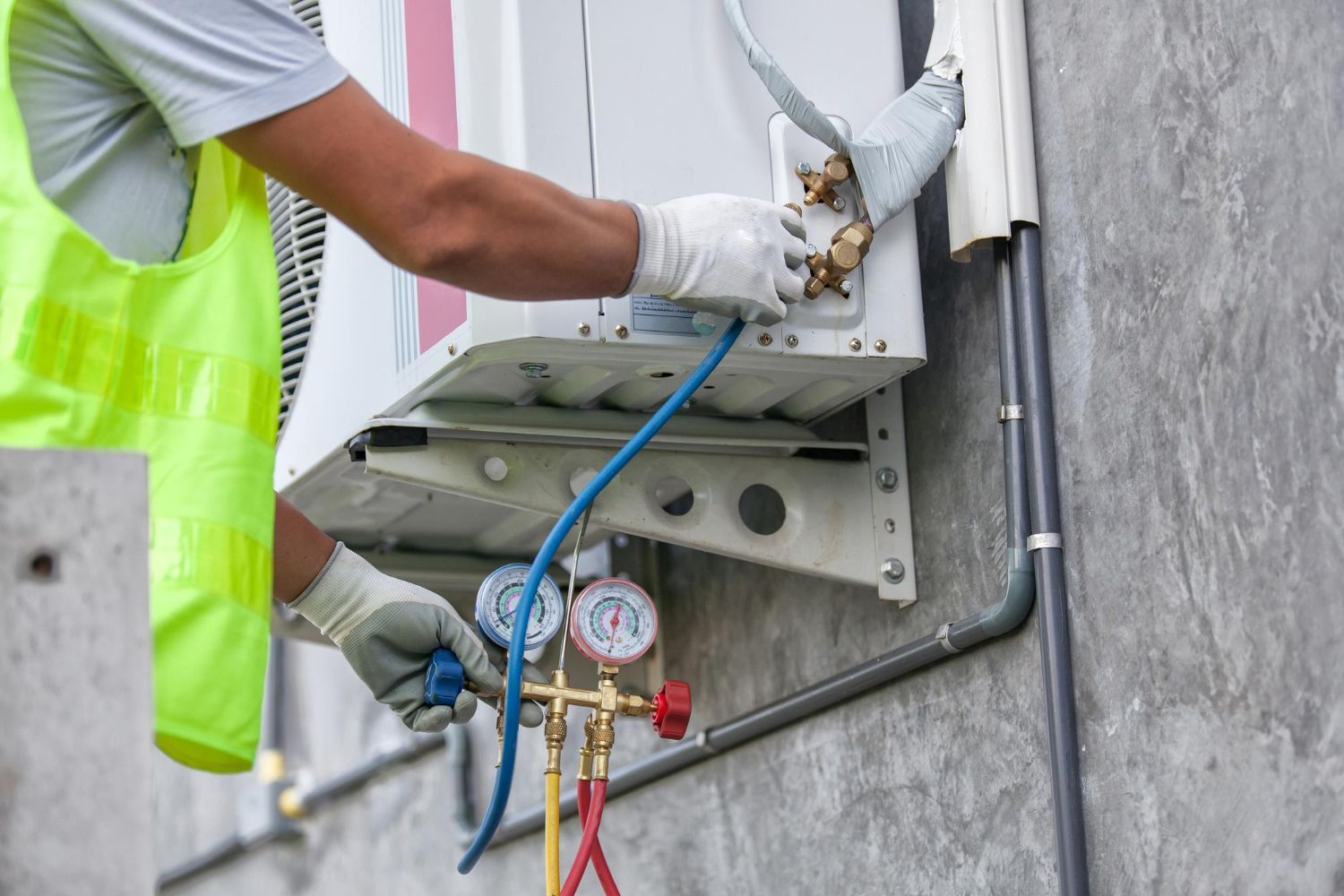 Technician servicing outdoor HVAC unit with gauge and hoses on a concrete wall