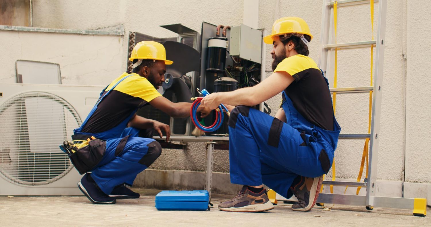 Two electricians in blue overalls and yellow helmets work together on wiring in a utility room.