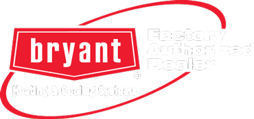 A red and white logo for bryant factory warehouse and dealer.
