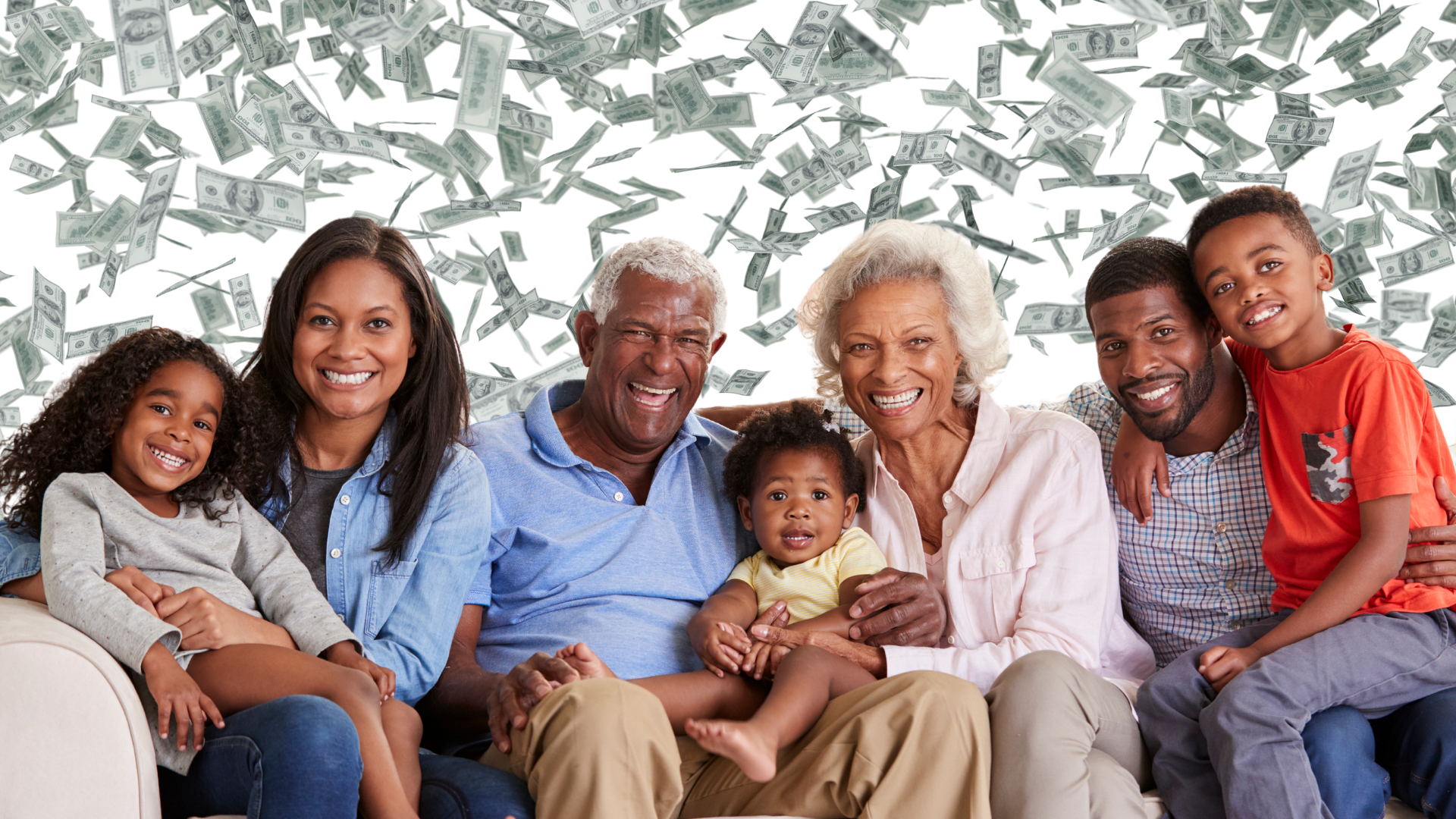 Family seated on a couch with dollar bills floating in the background