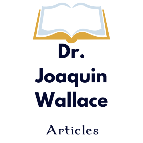 Logo with open book icon above “Dr. Joaquin Wallace Articles” in navy and gold