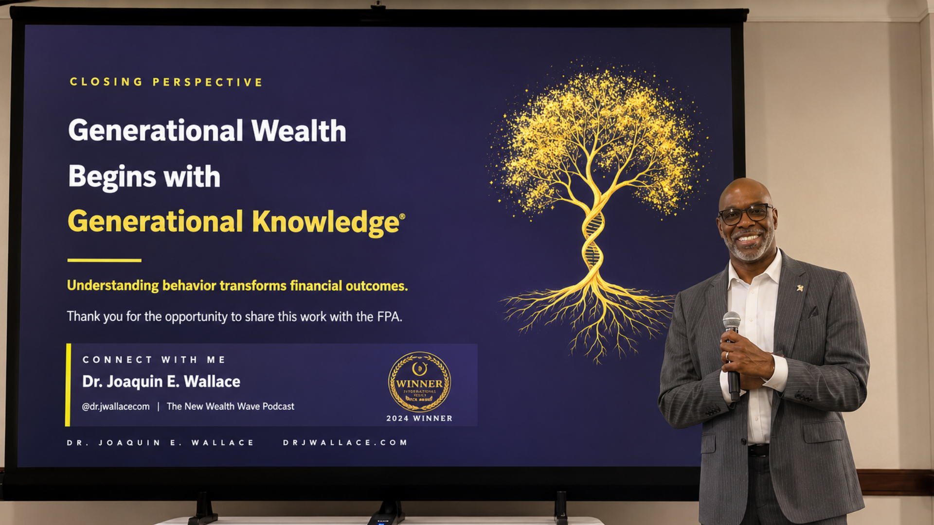 Speaker stands beside presentation slide reading “Generational Wealth Begins with Generational Knowledge.”