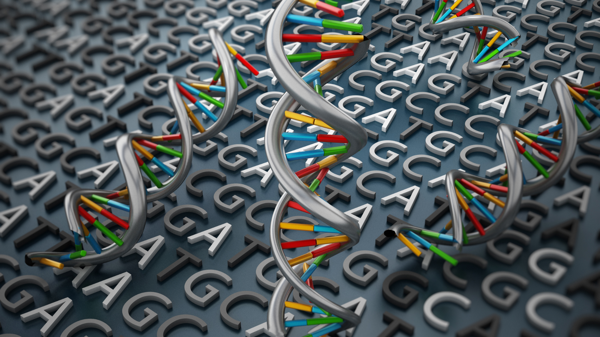 Colorful DNA double helices over a background of scattered genetic letters and symbols