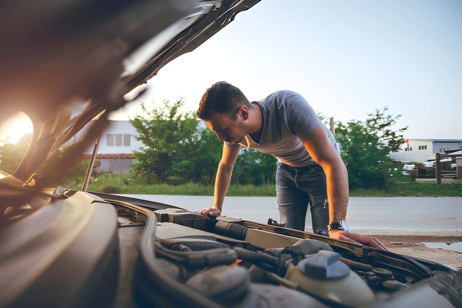 Man leaning over an open car hood, inspecting the engine outdoors in daylight.
