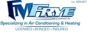 Frye Mechanical logo in blue, “Specializing in Air Conditioning & Heating,” licensed, bonded, insured.