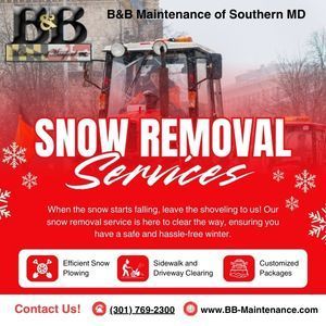 Snow removal services advertisement for B&B Maintenance. Red background with a tractor plowing snow.