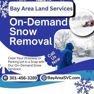Advertisement for Bay Area Land Services, offering on-demand snow removal. Includes a phone number and website.