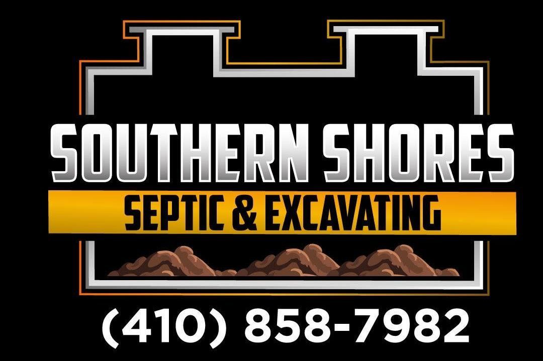 Logo for Southern Shores Septic & Excavating: Black, white, gold, and brown colors. Features name, service, and phone number.