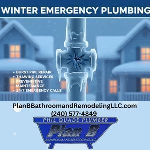Advertisement for winter emergency plumbing services, featuring frozen pipes in front of snowy houses.