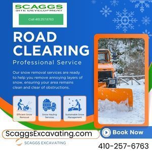 Advertisement for Scaggs Road Clearing. Shows snow removal services with a truck clearing snow.