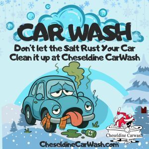 Cartoon car looking sick, with a scarf, promoting Cheseldine CarWash to remove salt and prevent rust.