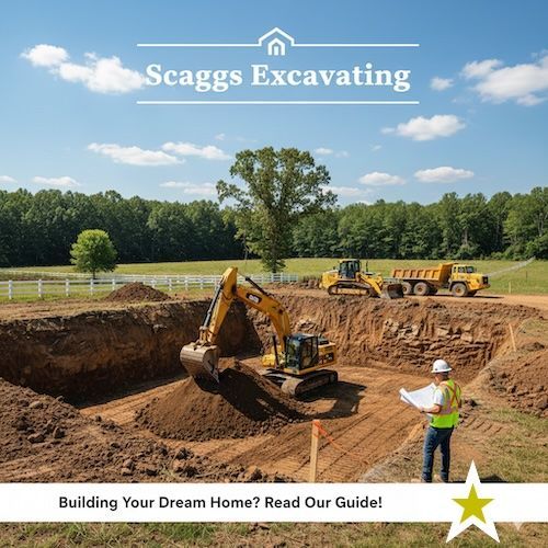 Excavator digging a pit, with a worker reviewing plans, on a sunny construction site For Scaggs Excavating.
