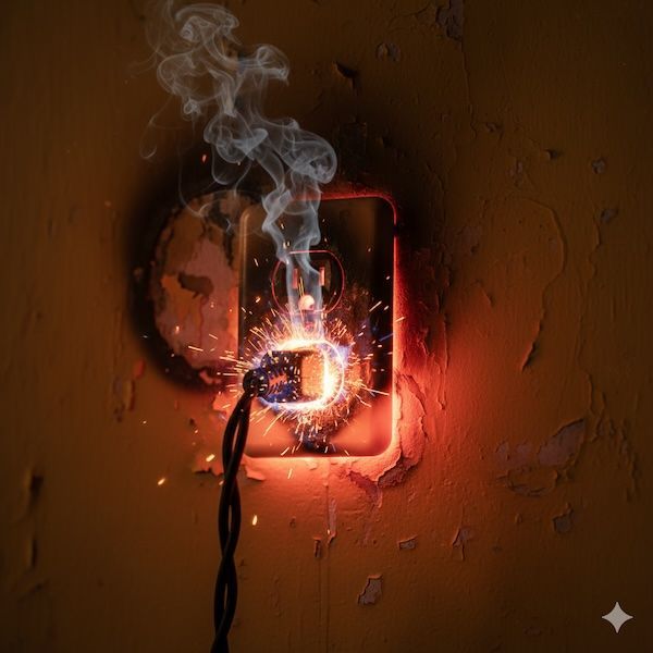 Electrical outlet sparking, smoking, on a peeling yellow wall.