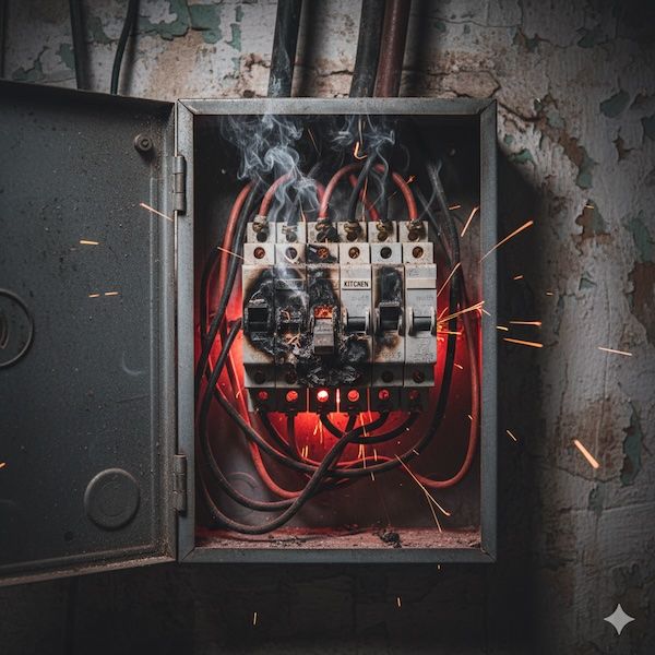 Electrical panel sparking and smoking, wires glowing red.