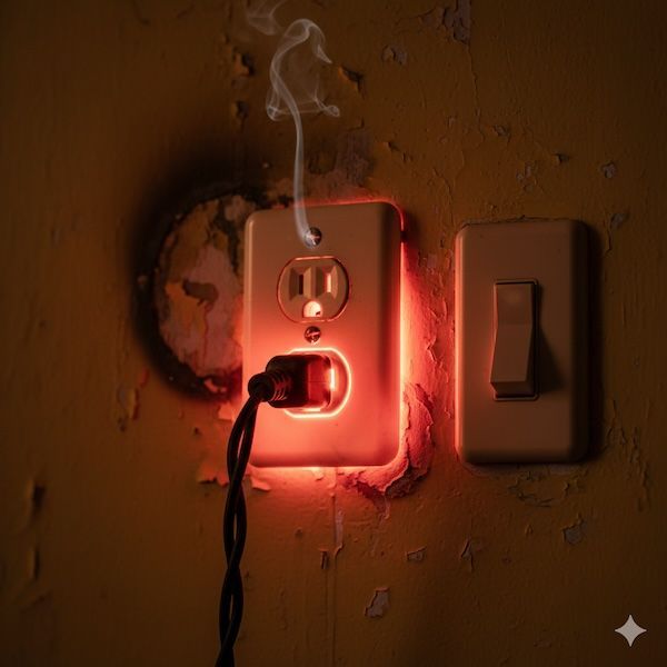 Burning electrical outlet with plug smoking; adjacent light switch on peeling yellow wall.