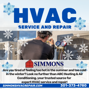 HVAC service ad for Simmons HVAC: Technician servicing unit, snowflakes, text for ABC Heating & Air, website, phone number.