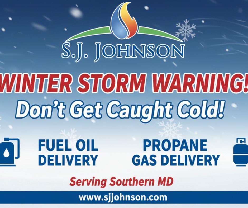 Winter storm warning ad from S.J. Johnson: fuel oil and propane gas delivery in Southern MD.