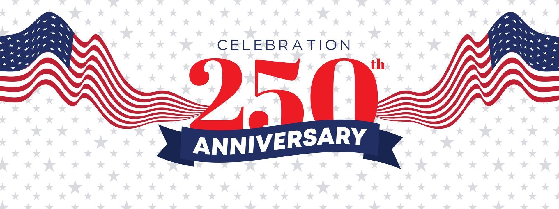 Celebration 250th anniversary banner with red and blue stars and waves on a white background