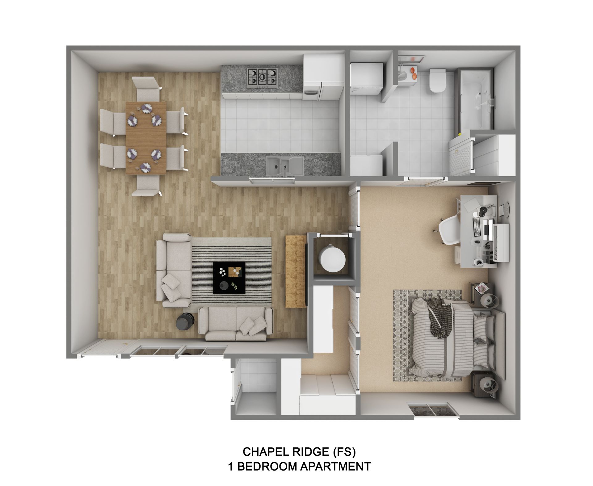 A 3d floor plan of a 1 bedroom apartment