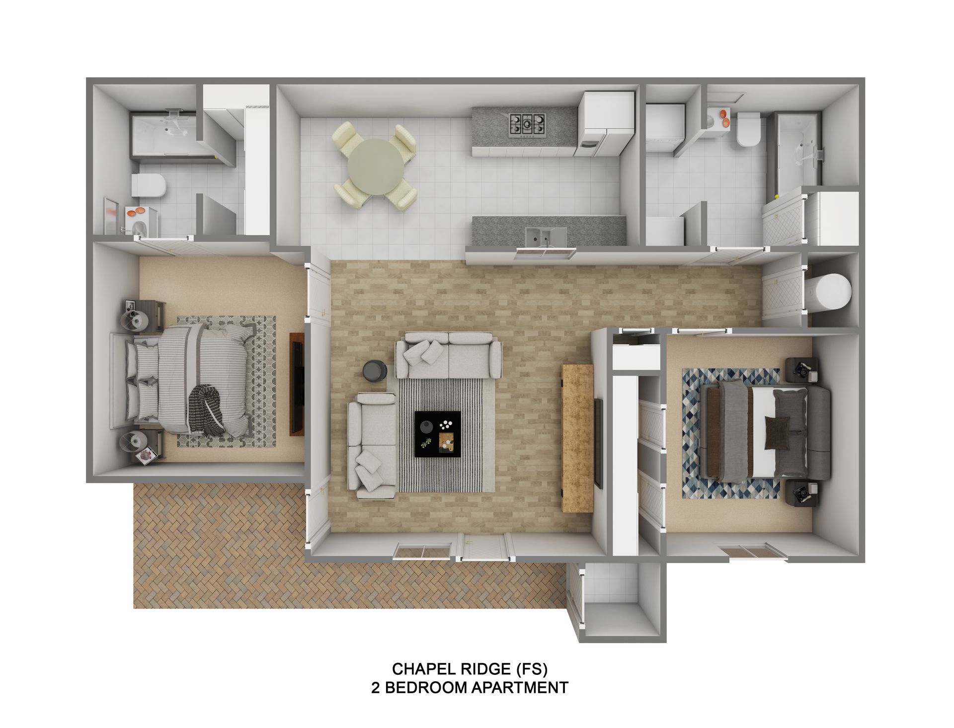A 3d floor plan of a house with a living room , bedroom , and kitchen.