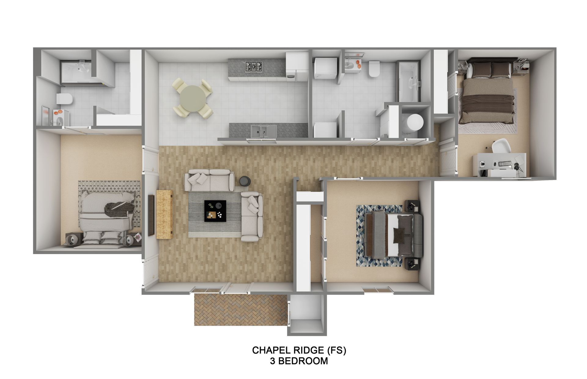 A 3d floor plan of a house with two bedrooms and a living room