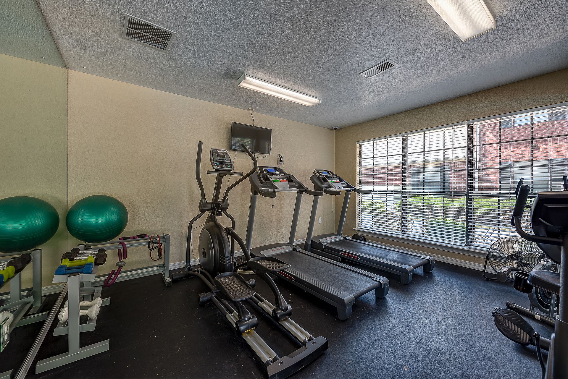 A gym with treadmills , ellipticals , and a large mirror.