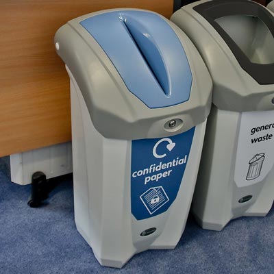 Two recycling bins one for confidential paper and one for general waste