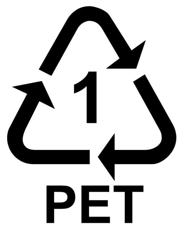 A black and white recycling symbol for plastic bottles.