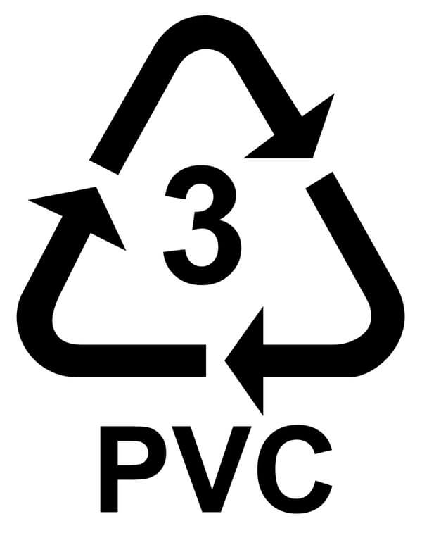 A black and white recycling symbol for pvc with two arrows pointing in opposite directions.