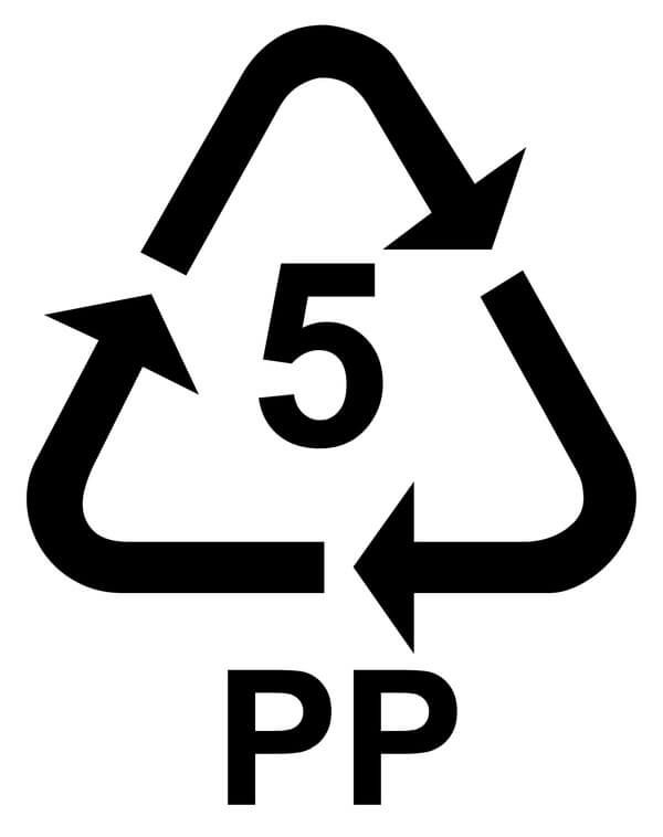 A recycling symbol for pp plastic with two arrows pointing in opposite directions.