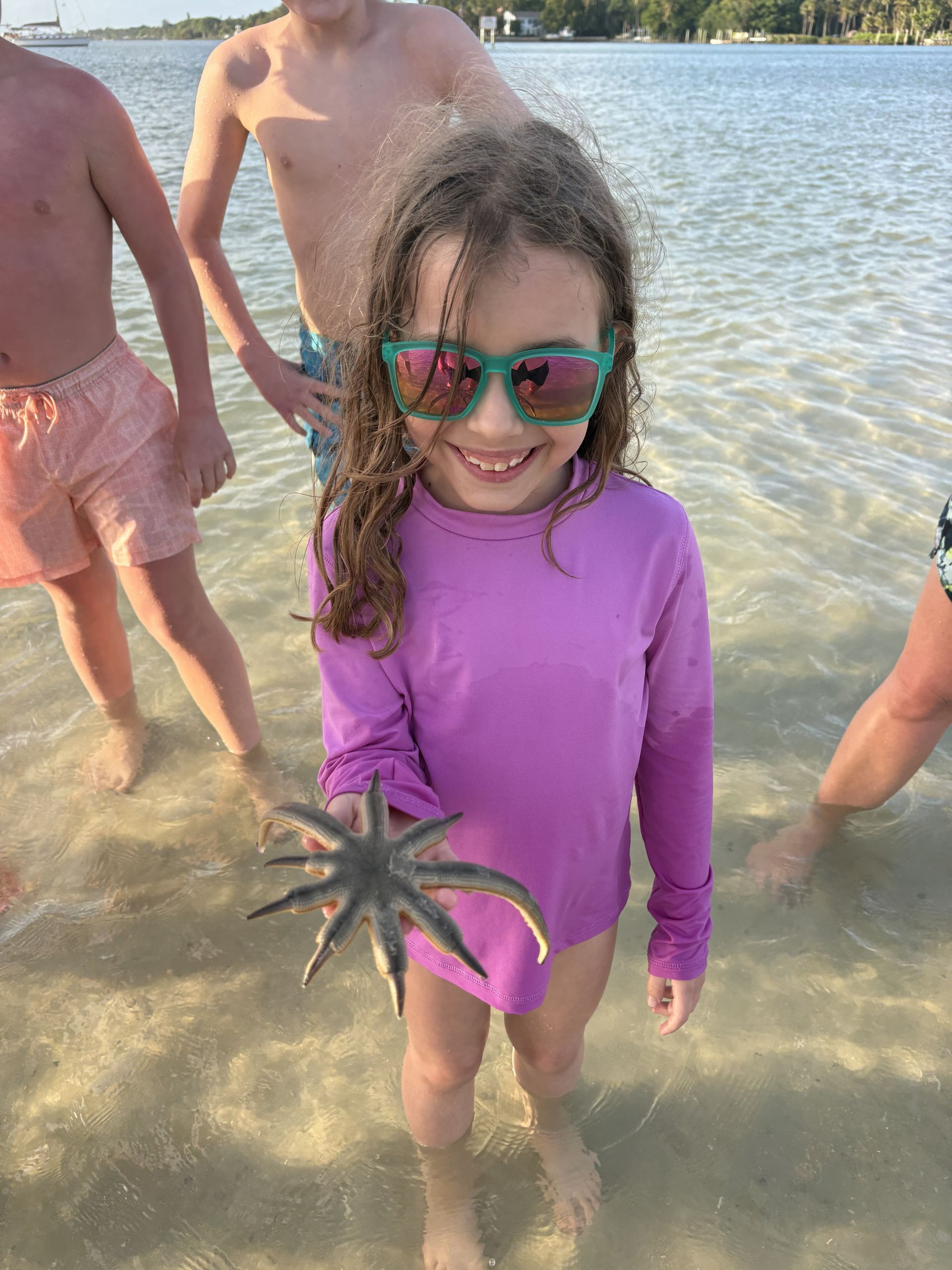 Smiling child in pink rash guard holding a starfish at the beach with others wading in shallow water