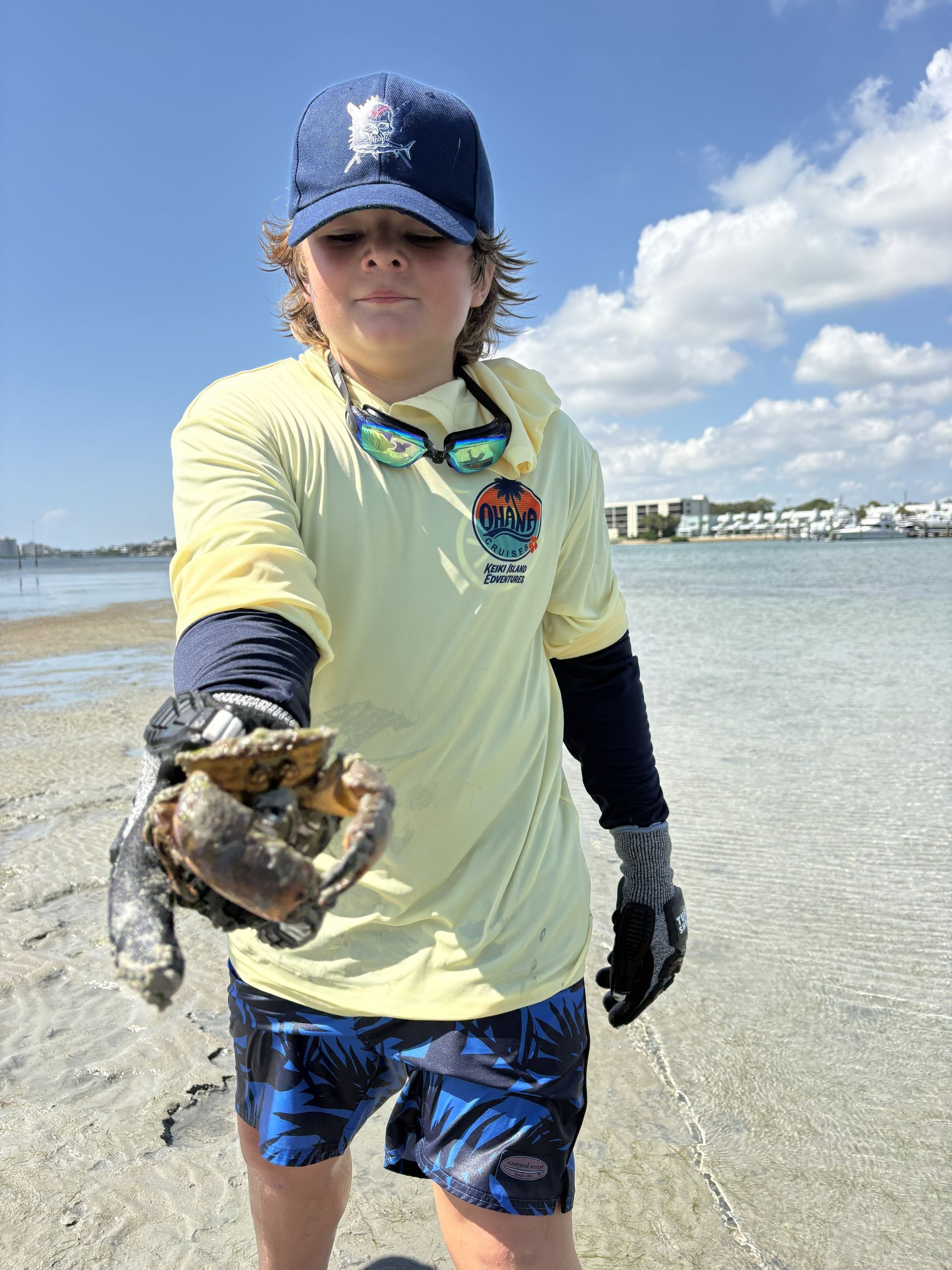 Person on a beach holding up a shell, wearing a yellow shirt, dark cap, and gloves under a blue sky.