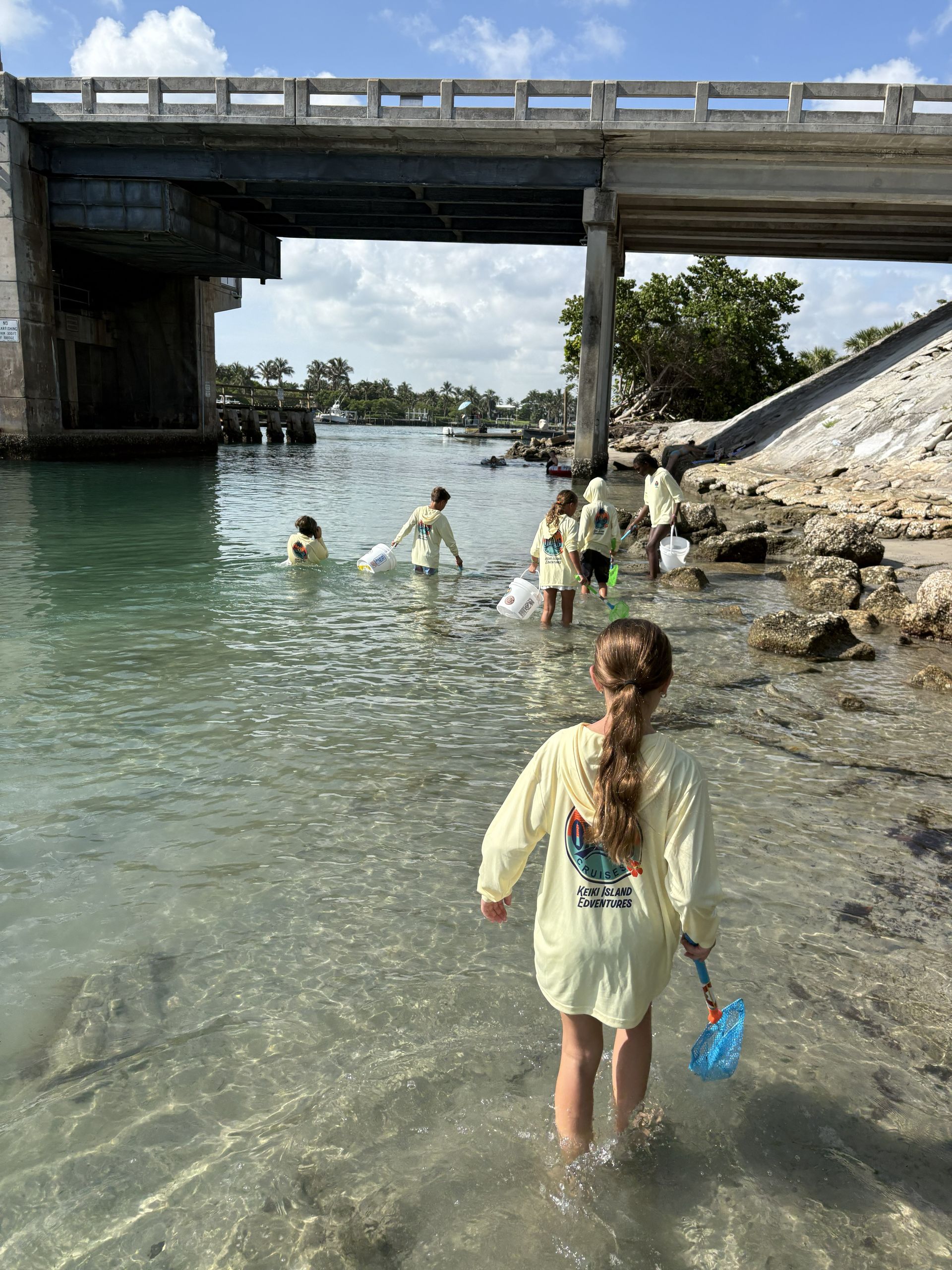 People wading in shallow water under a bridge beside a rocky shoreline