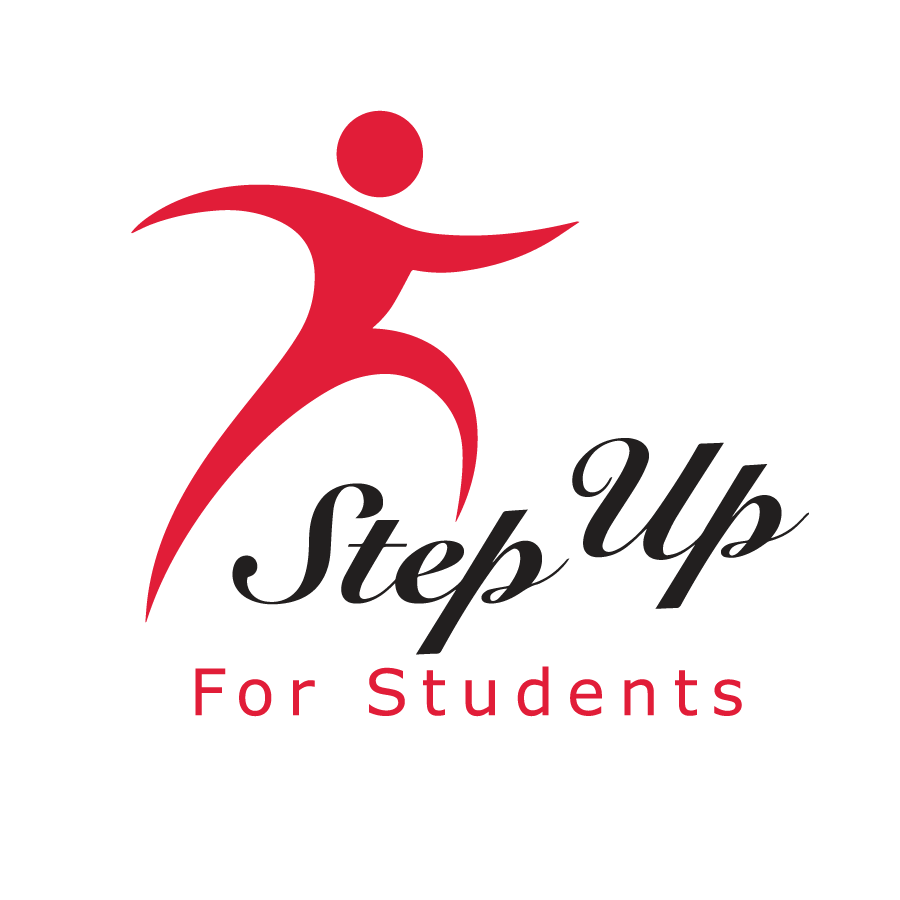 Red figure leaping beside “Step Up For Students” text in black and red on white background