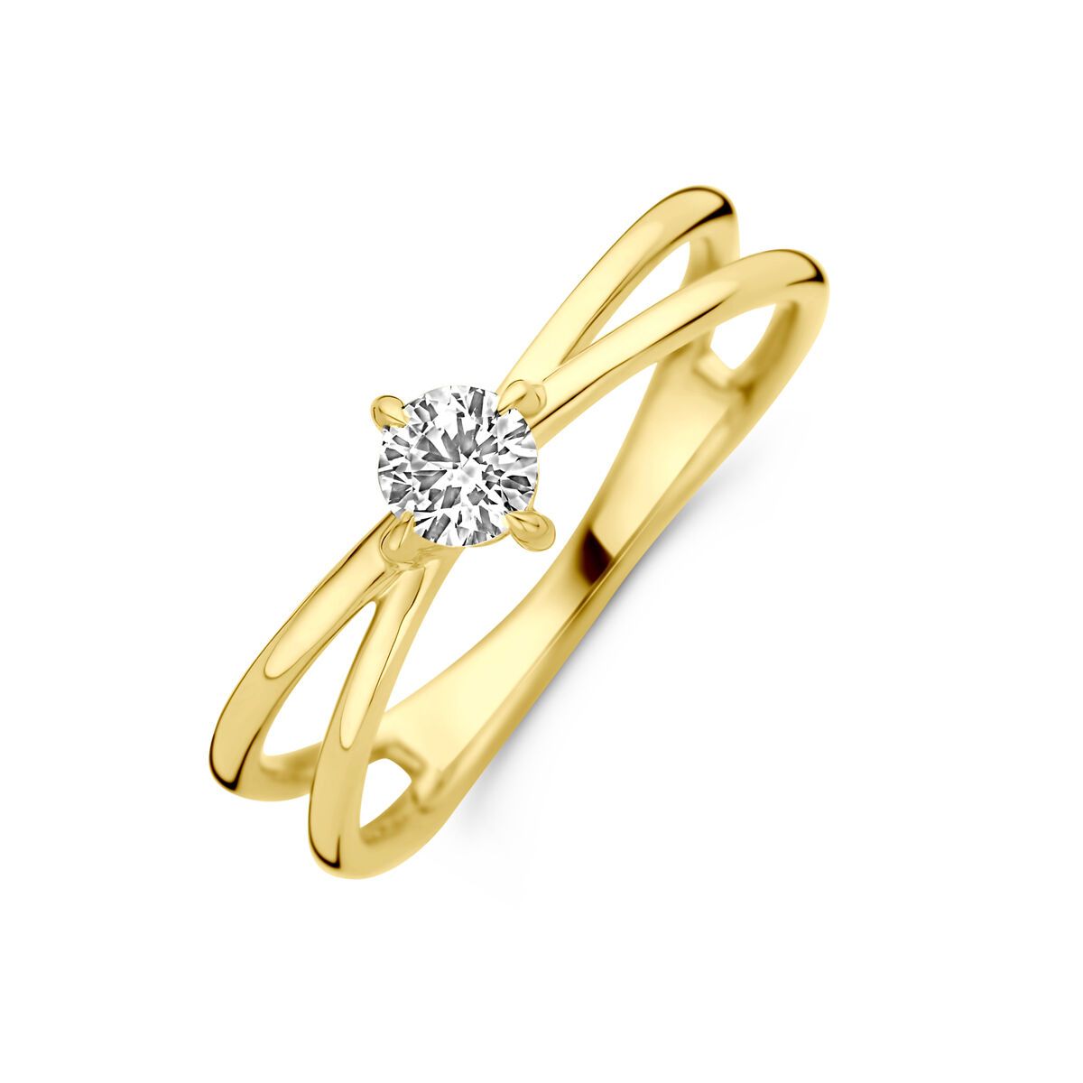 Gouden ring met één ronde diamant, gezet in een kruisvormig design.