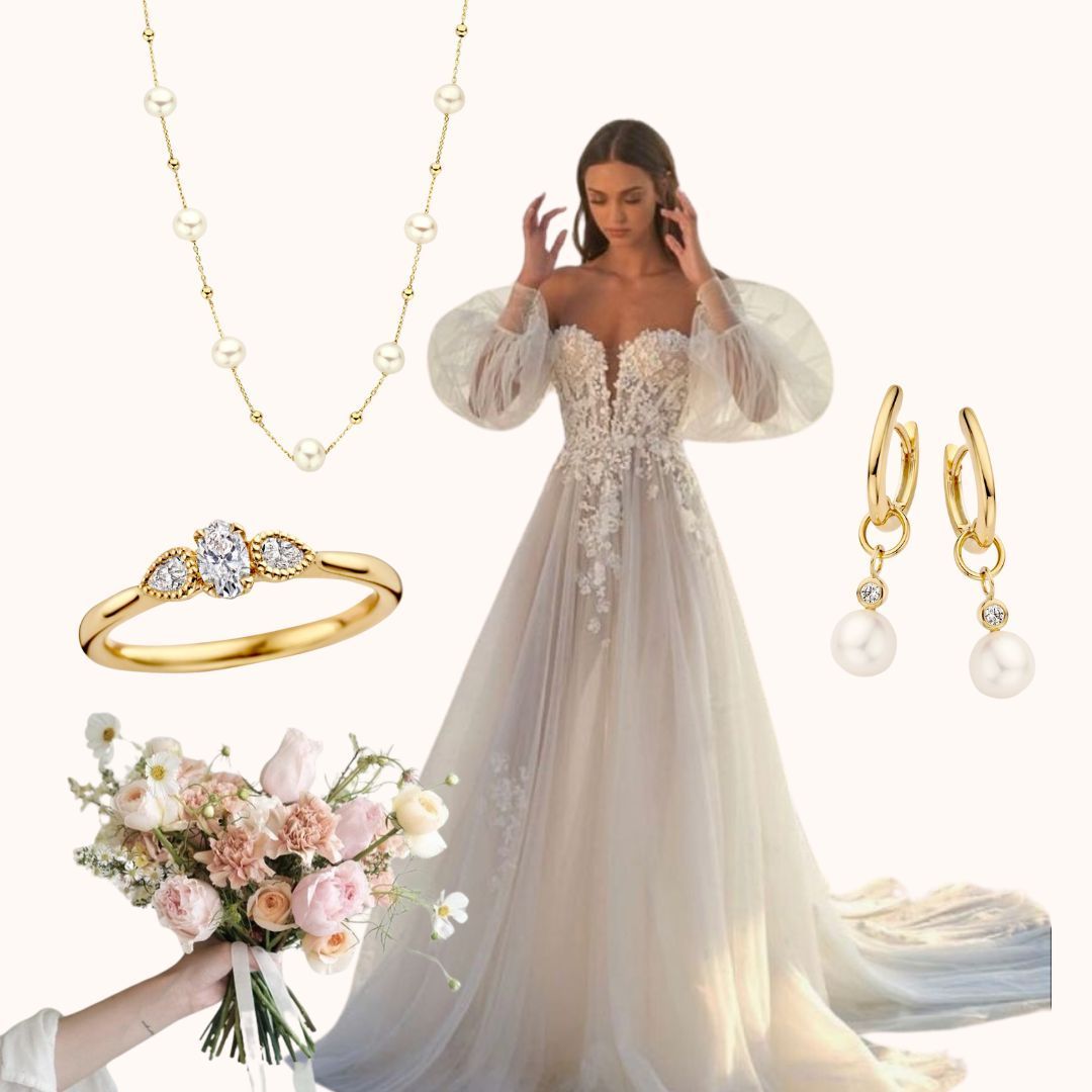 Bruidsjurk en accessoires: jurk, sieraden, boeket. Gouden en parelketting, oorbellen, ring en bloemen.