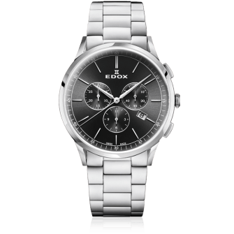 Zilveren EDOX chronograaf horloge met een donkergrijze wijzerplaat en drie subwijzerplaten op een bijpassende metalen band.
